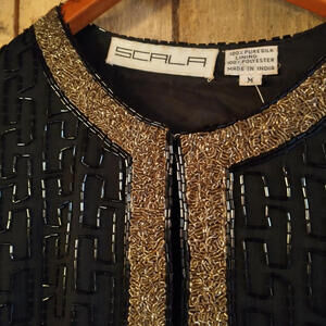 Vintage Scala Jacket Silk Beaded Black and Gold Size Medium
